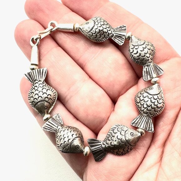 Vintage Sterling Silver Womens Bracelet 7 Inch Fish Design - Picture 4 of 4